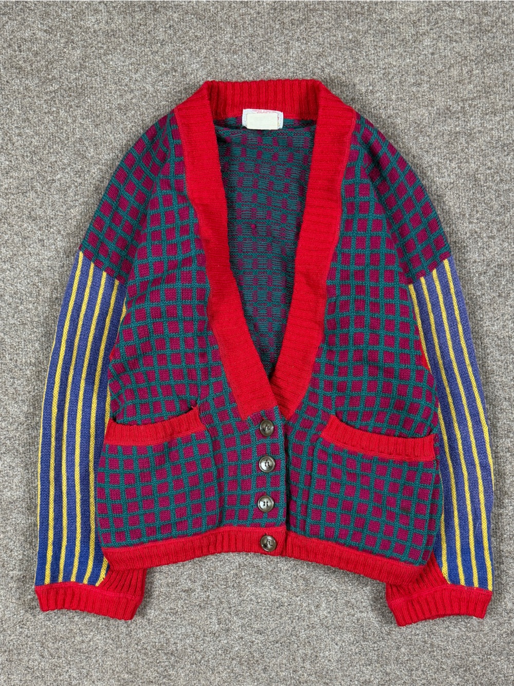 Vintage Colorful Checkered Striped V-Neck Wool Cardigan Sweater Women’s Small